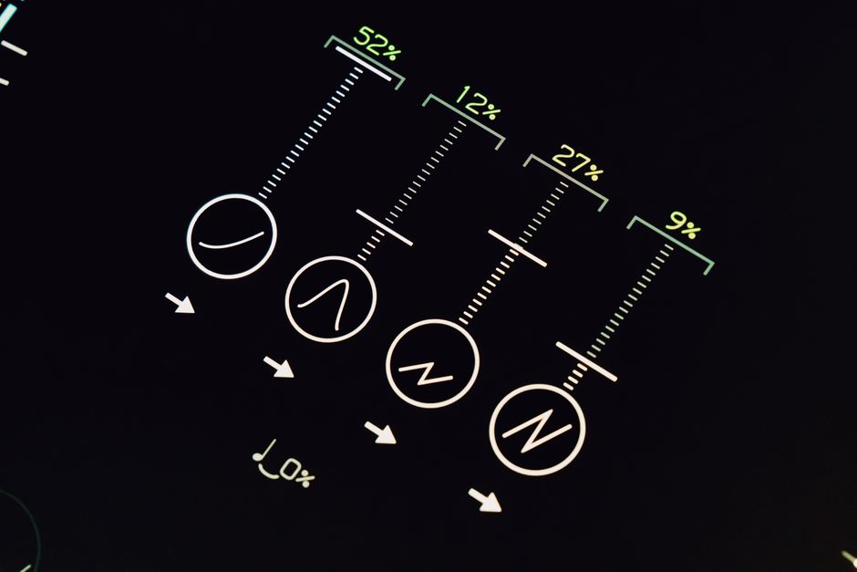Conceptual display of futuristic user interface with percentages and symbols.